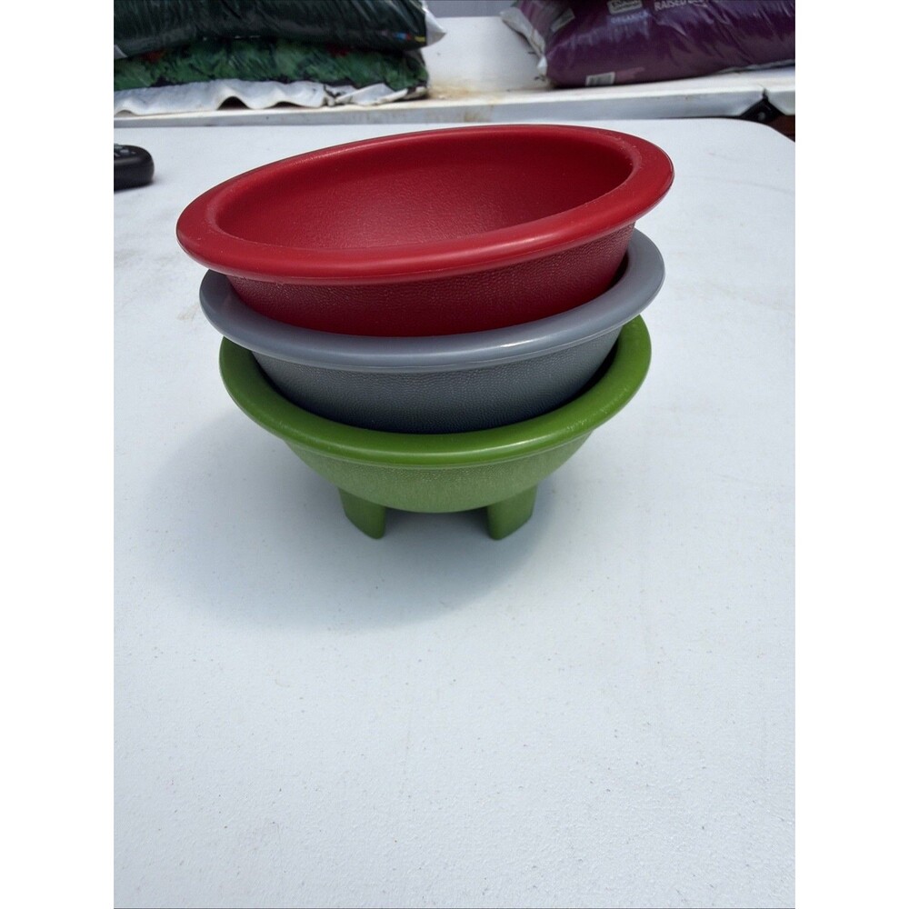 VTG Set 3 AM American Maid 10oz Salsa Bowls Red Green Gray Footed Made in USA